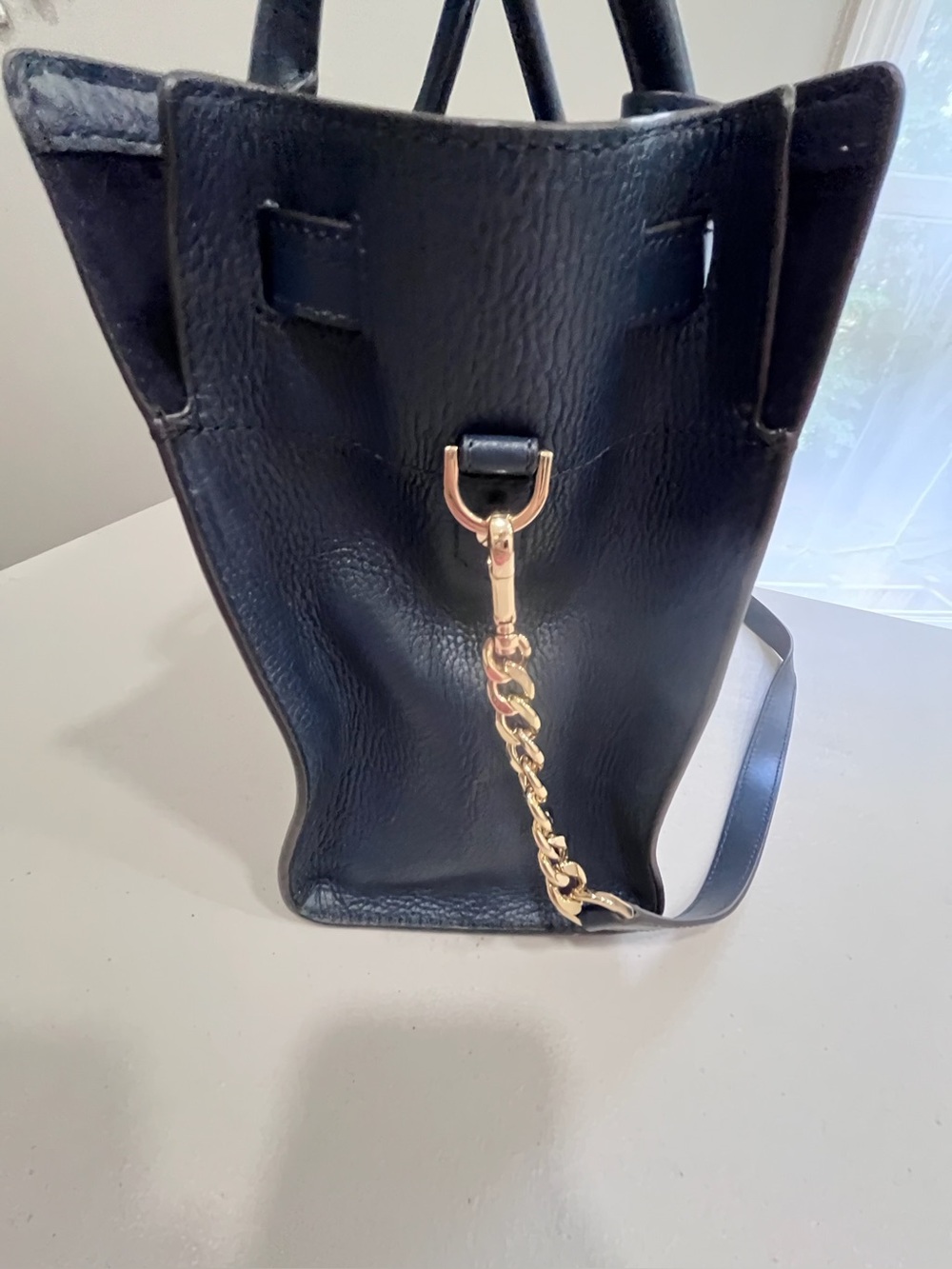 Michael Kors Hamilton Traveler Brown Navy Stripe Logo Leather Large Satchel - Picture 4 of 10
